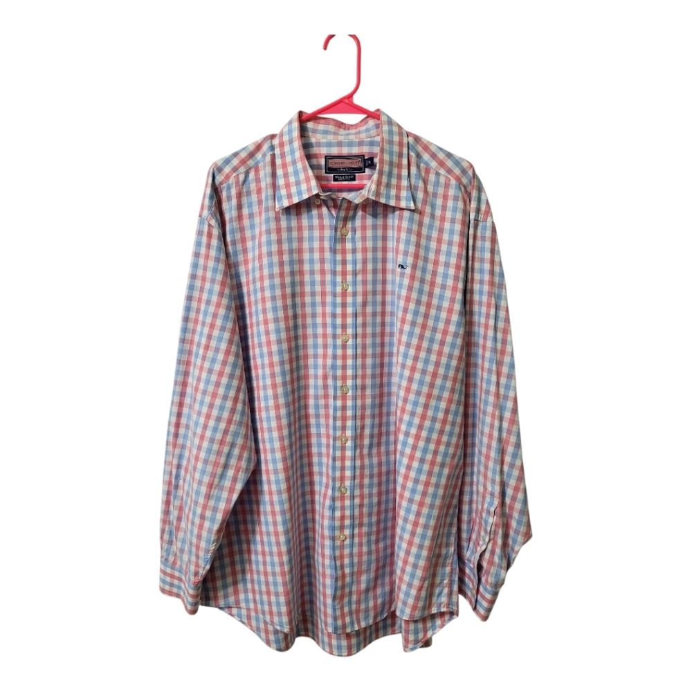 Vineyard Vines Whale Gingham Plaid Casual Button Down Shirt 100% Cotton Mens Xl